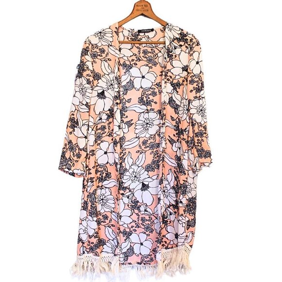 Choies Kimono Pink White Floral Fringe Tops Boho Jacket Cardigan Spring Top - Picture 3 of 6